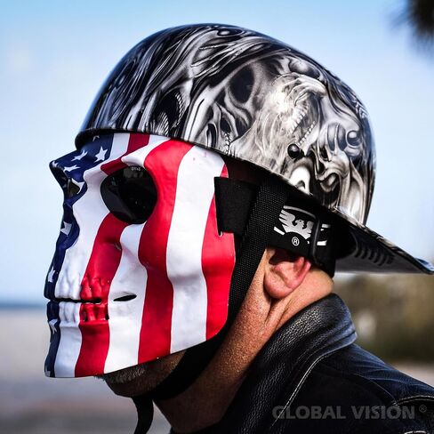Global Vision Skull Mask Motorcycle Riding Goggles Full Face Coverage American Flag Pattern w/Clear Red Coated Mirror Lenses in Saudi Arabia