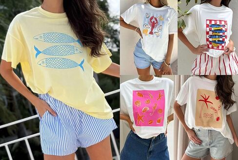 Y2k Women Lobster Graphic Oversized Tee Shirt Baggy Vintage Crayfish Sardine Print T Shirts for Teen Girls 90s Tops in Saudi Arabia