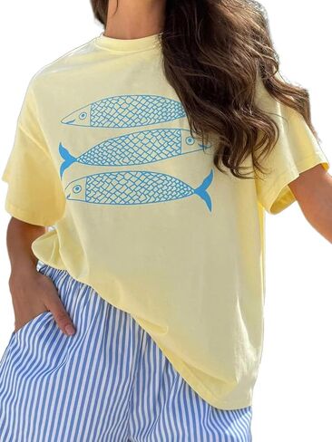Y2k Women Lobster Graphic Oversized Tee Shirt Baggy Vintage Crayfish Sardine Print T Shirts for Teen Girls 90s Tops in Saudi Arabia