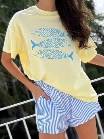 Y2k Women Lobster Graphic Oversized Tee Shirt Baggy Vintage Crayfish Sardine Print T Shirts for Teen Girls 90s Tops in Saudi Arabia