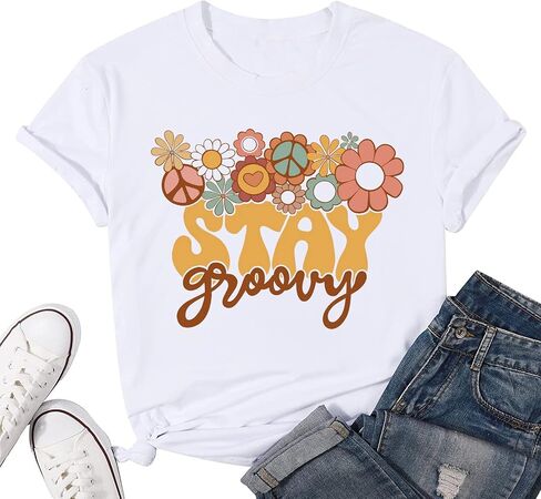 Retro Stay Groovy Shirt for Women Hippie 70s T-Shirt Cute Floral Graphic Tees Casual Summer Short Sleeve Tops in Kuwait