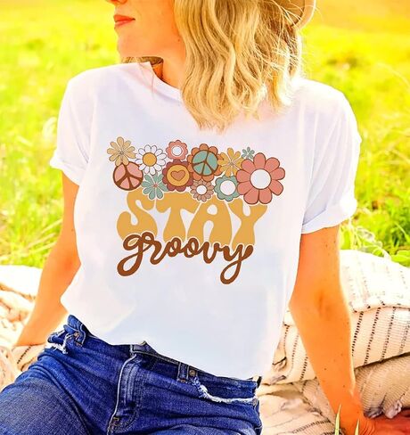 Retro Stay Groovy Shirt for Women Hippie 70s T-Shirt Cute Floral Graphic Tees Casual Summer Short Sleeve Tops in Kuwait