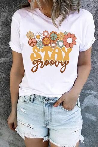 Retro Stay Groovy Shirt for Women Hippie 70s T-Shirt Cute Floral Graphic Tees Casual Summer Short Sleeve Tops in Kuwait