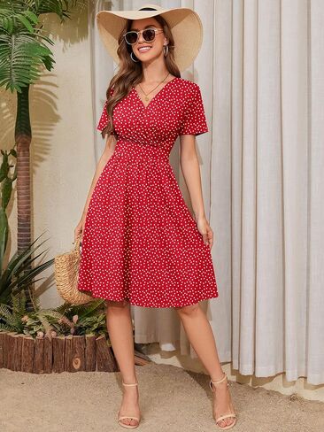 Heymoments صيف الصيف القصيرة الأكمام الفساتين قميص قميص متدفق تونس السيدات شاطئ شاطئ Sundress in Kuwait