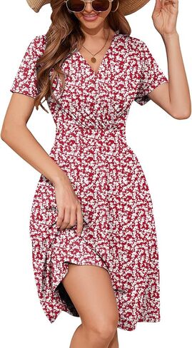 Heymoments صيف الصيف القصيرة الأكمام الفساتين قميص قميص متدفق تونس السيدات شاطئ شاطئ Sundress in Kuwait