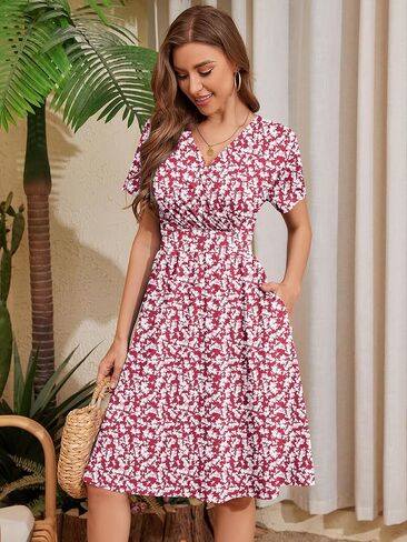 Heymoments صيف الصيف القصيرة الأكمام الفساتين قميص قميص متدفق تونس السيدات شاطئ شاطئ Sundress in Kuwait