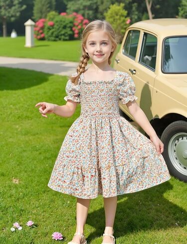AGQT Toddler Girls Floral Dress Square Neck Puff Sleeve A-Line Smocked Dress with Bag Toddler Girls Summer Dress 12M-7T in Kuwait