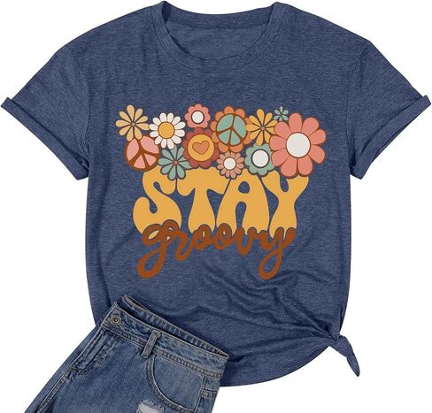 Retro Stay Groovy Shirt for Women Hippie 70s T-Shirt Cute Floral Graphic Tees Casual Summer Short Sleeve Tops in Kuwait