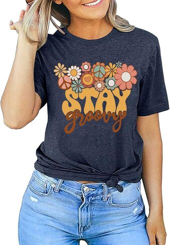Retro Stay Groovy Shirt for Women Hippie 70s T-Shirt Cute Floral Graphic Tees Casual Summer Short Sleeve Tops in Kuwait