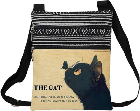 Fluffy Black Cat Messenger Bag Small Ethnic Pattern Printed Adjustable Strap Crossbody Zipper Bag Fluffy Black Cat Phone Bag Wallet Cute Shoulder Handbag for Women Friends -5 in Kuwait