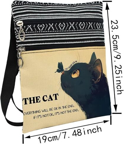 Fluffy Black Cat Messenger Bag Small Ethnic Pattern Printed Adjustable Strap Crossbody Zipper Bag Fluffy Black Cat Phone Bag Wallet Cute Shoulder Handbag for Women Friends -5 in Kuwait
