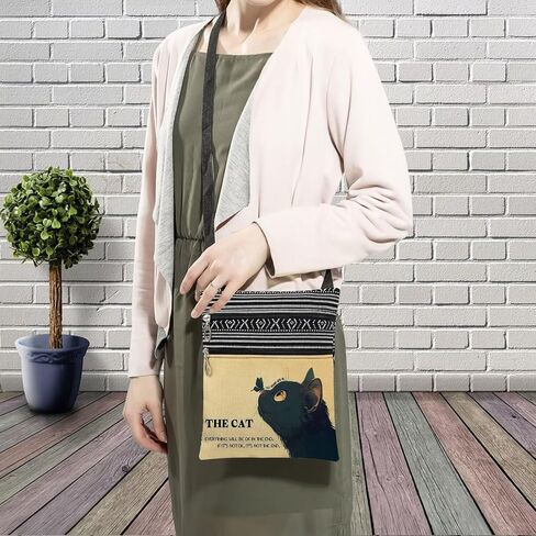 Fluffy Black Cat Messenger Bag Small Ethnic Pattern Printed Adjustable Strap Crossbody Zipper Bag Fluffy Black Cat Phone Bag Wallet Cute Shoulder Handbag for Women Friends -5 in Kuwait