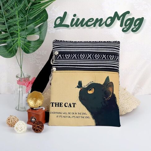 Fluffy Black Cat Messenger Bag Small Ethnic Pattern Printed Adjustable Strap Crossbody Zipper Bag Fluffy Black Cat Phone Bag Wallet Cute Shoulder Handbag for Women Friends -5 in Kuwait