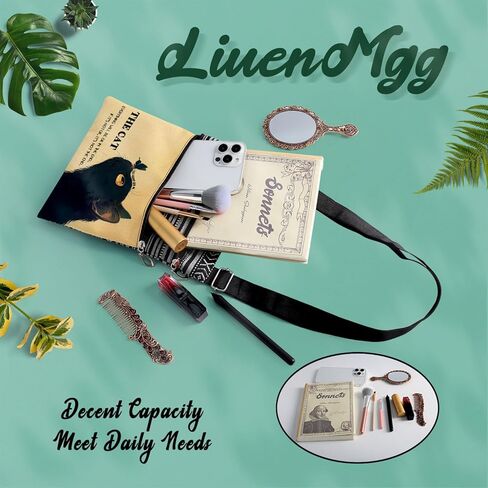 Fluffy Black Cat Messenger Bag Small Ethnic Pattern Printed Adjustable Strap Crossbody Zipper Bag Fluffy Black Cat Phone Bag Wallet Cute Shoulder Handbag for Women Friends -5 in Kuwait