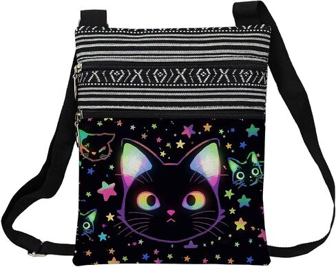 Fluffy Black Cat Messenger Bag Small Ethnic Pattern Printed Adjustable Strap Crossbody Zipper Bag Fluffy Black Cat Phone Bag Wallet Cute Shoulder Handbag for Women Friends -5 in Kuwait