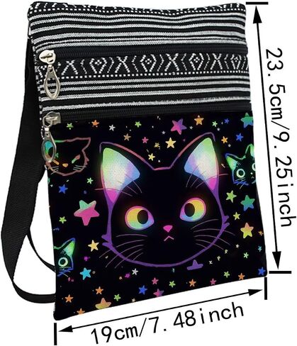 Fluffy Black Cat Messenger Bag Small Ethnic Pattern Printed Adjustable Strap Crossbody Zipper Bag Fluffy Black Cat Phone Bag Wallet Cute Shoulder Handbag for Women Friends -5 in Kuwait
