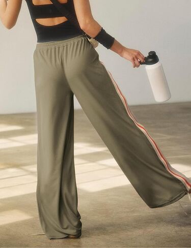 Athlisan Womens Athletic Wide Legres Side Stripes Carring Weist Disual Low Rise Palazzo Pants مع جيوب in Kuwait