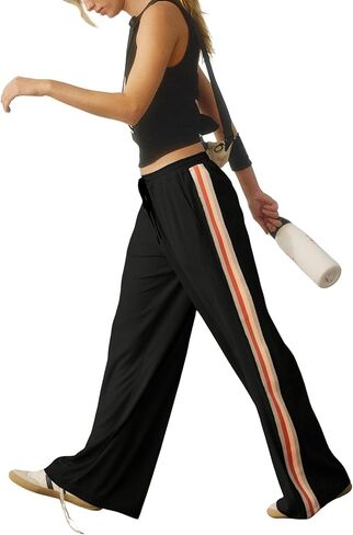 Athlisan Womens Athletic Wide Legres Side Stripes Carring Weist Disual Low Rise Palazzo Pants مع جيوب in Kuwait