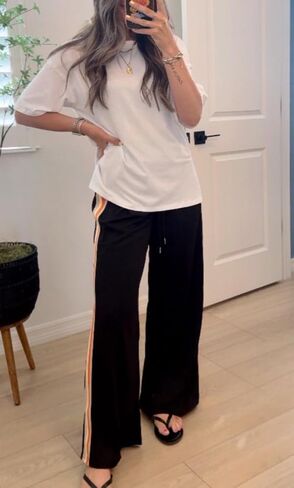 Athlisan Womens Athletic Wide Legres Side Stripes Carring Weist Disual Low Rise Palazzo Pants مع جيوب in Kuwait