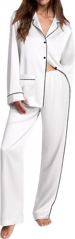 Ekouaer Womens Pajama Sets Satin Silk Pjs Classic Button Down Sleepwear Soft Long Sleeve Lounge Sets in Saudi Arabia