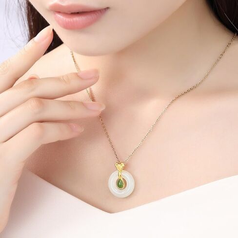 14K Gold Real Natural Jade Ruyi Pendant Necklace, Gold Inlay Peace Buckle Necklace, Delicate Jade Jewelry Gift for Mother's Peace in Kuwait