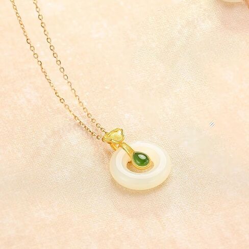 14K Gold Real Natural Jade Ruyi Pendant Necklace, Gold Inlay Peace Buckle Necklace, Delicate Jade Jewelry Gift for Mother's Peace in Kuwait