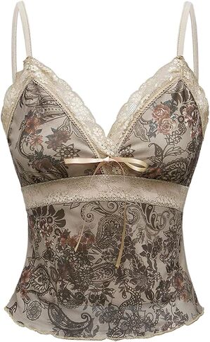 Milumia Women's Vintage Floral Cami Crop Top Lace Trim V Neck Camisoles in Saudi Arabia