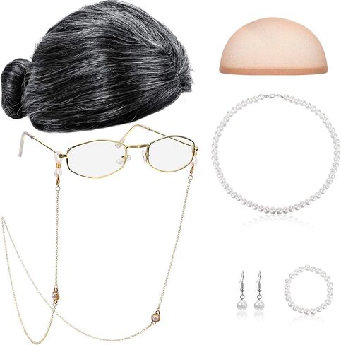 Gejoy 7 Pcs Old Lady Wig Costume Set Grandma Hair Cap Glasses Chain Pearl Necklace for Halloween 100 Days of School Cosplay in Saudi Arabia