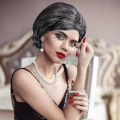 Gejoy 7 Pcs Old Lady Wig Costume Set Grandma Hair Cap Glasses Chain Pearl Necklace for Halloween 100 Days of School Cosplay in Saudi Arabia