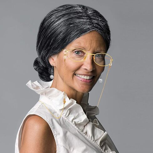 Gejoy 7 Pcs Old Lady Wig Costume Set Grandma Hair Cap Glasses Chain Pearl Necklace for Halloween 100 Days of School Cosplay in Saudi Arabia