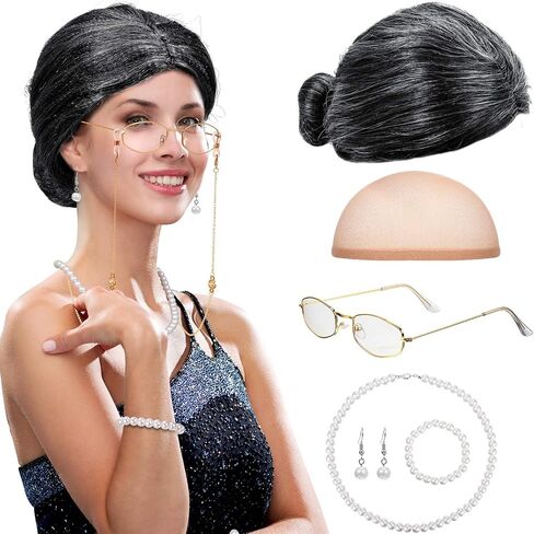 Gejoy 7 Pcs Old Lady Wig Costume Set Grandma Hair Cap Glasses Chain Pearl Necklace for Halloween 100 Days of School Cosplay in Saudi Arabia