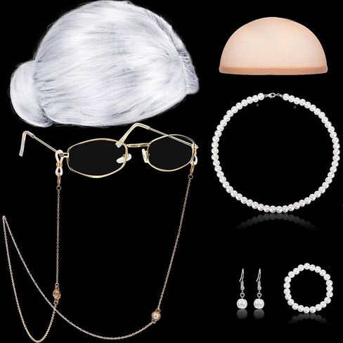 Gejoy 7 Pcs Old Lady Wig Costume Set Grandma Hair Cap Glasses Chain Pearl Necklace for Halloween 100 Days of School Cosplay in Saudi Arabia