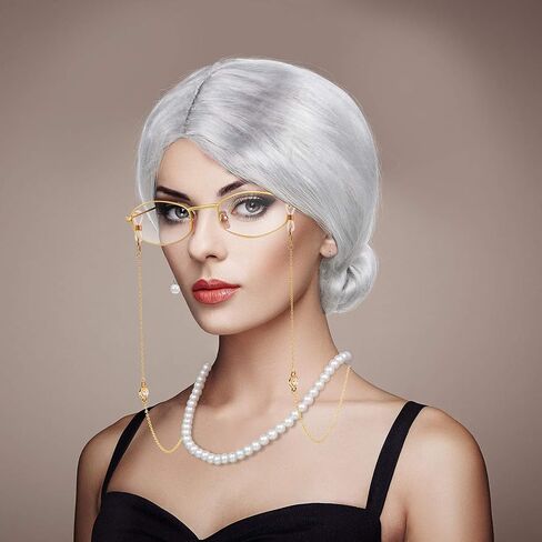 Gejoy 7 Pcs Old Lady Wig Costume Set Grandma Hair Cap Glasses Chain Pearl Necklace for Halloween 100 Days of School Cosplay in Saudi Arabia