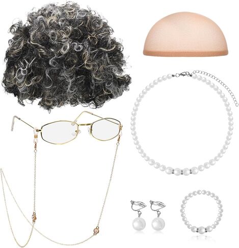 Gejoy 7 PCS Lady Lady Wig Costume Set Grandma Hair Cap Classes Necklace Pearl Necklace Halloween 100 Days of School Cosplay in Saudi Arabia