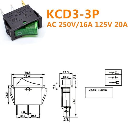 Oiyagai 10Pcs KCD3-3P Red Illuminated Light 3Pin SPST On/Off Rocker Switch AC 16A/250V 20A/125V in Saudi Arabia