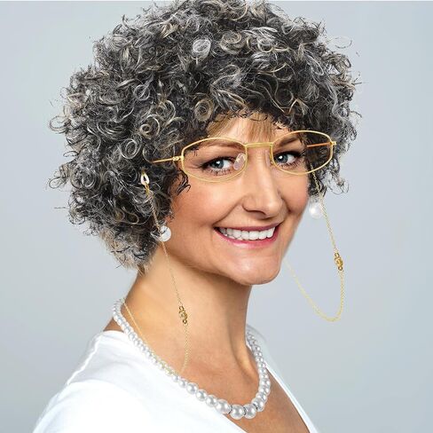 Gejoy 7 PCS Lady Lady Wig Costume Set Grandma Hair Cap Classes Necklace Pearl Necklace Halloween 100 Days of School Cosplay in Saudi Arabia