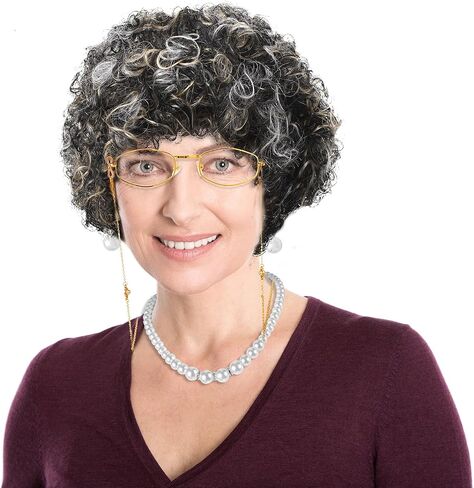 Gejoy 7 PCS Lady Lady Wig Costume Set Grandma Hair Cap Classes Necklace Pearl Necklace Halloween 100 Days of School Cosplay in Saudi Arabia