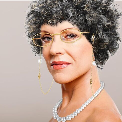 Gejoy 7 PCS Lady Lady Wig Costume Set Grandma Hair Cap Classes Necklace Pearl Necklace Halloween 100 Days of School Cosplay in Saudi Arabia