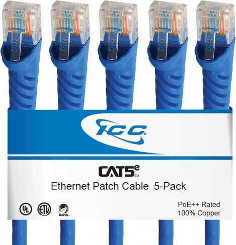 سلك تصحيح إيثرنت ICC CAT5e بطول 1 قدم 10 حزم، UTP 24 AWG UL مدرج، PoE++، كابل تصحيح نحاسي مجدولة 100% للوحة التصحيح إلى محول الشبكة لمركز البيانات والمكتب والمنزل، 1 قدم أبيض in Kuwait