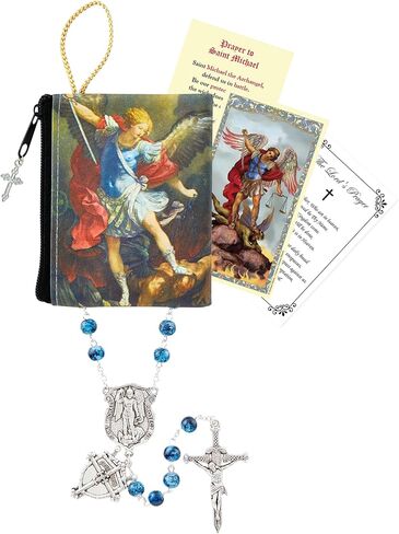 Saint Michael Rosary - Laminated Holy Card, Rosary Pouch, The Lord's Prayer - Blue Glass San Miguel Arcangel Beads, Catholic Cards Set - 4 Items in Saudi Arabia