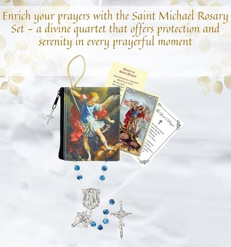 Saint Michael Rosary - Laminated Holy Card, Rosary Pouch, The Lord's Prayer - Blue Glass San Miguel Arcangel Beads, Catholic Cards Set - 4 Items in Saudi Arabia