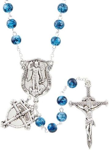 Saint Michael Rosary - Laminated Holy Card, Rosary Pouch, The Lord's Prayer - Blue Glass San Miguel Arcangel Beads, Catholic Cards Set - 4 Items in Saudi Arabia