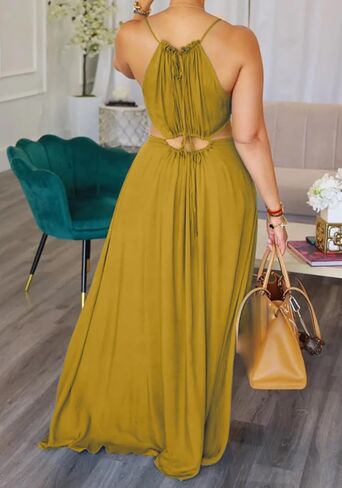 Unybwonn Womens Summer Dress Spaghetti Strap Halter بلا أكمام مثير قطع Boho Maxi Sundress in Kuwait