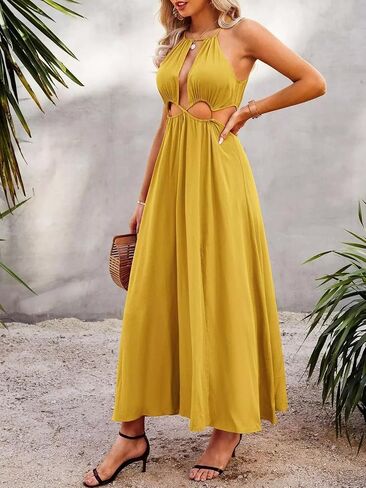 Unybwonn Womens Summer Dress Spaghetti Strap Halter بلا أكمام مثير قطع Boho Maxi Sundress in Kuwait