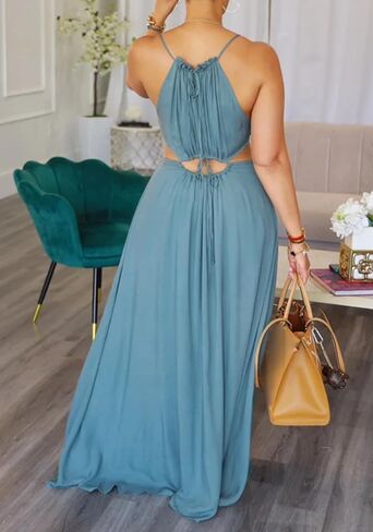 Unybwonn Womens Summer Dress Spaghetti Strap Halter بلا أكمام مثير قطع Boho Maxi Sundress in Kuwait