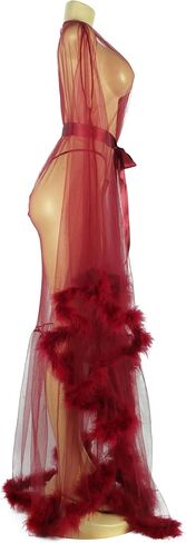 ohyeahlady Women Lingerie Robe Long Sheer Kimono Robe Nightgown Bridal Robe with Fur in Saudi Arabia