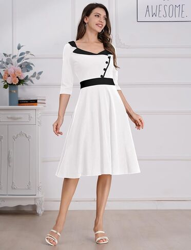 3/4 Sleeve 40s 50s فساتين للنساء خمر 1950s كوكتيل فستان مربع الرقبة الرجعية روكابيلي سوينغ 50 فستان in Saudi Arabia