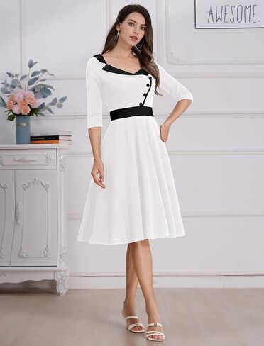 3/4 Sleeve 40s 50s فساتين للنساء خمر 1950s كوكتيل فستان مربع الرقبة الرجعية روكابيلي سوينغ 50 فستان in Saudi Arabia