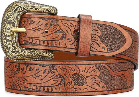 Western Cowgirl Belts for Women Country Cowboy Vintage Leather Engraved Buckle Belt for Jeans Dresses in Saudi Arabia