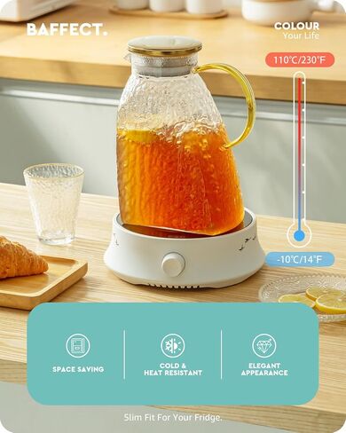 Baffect Water Pitcher, High Borosilicate Glass Jug with Stainless Steel Lid, Leakproof Fridge Door Carafe for Hot or Cold Beverage (1.8 L/63 oz.) in Saudi Arabia